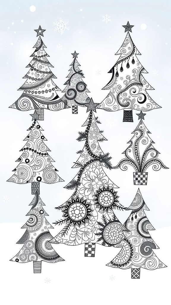 Christmas Tree Zentangle Patterns Various zentangle patterns of Christmas trees with intricate designs on a winter-themed background.